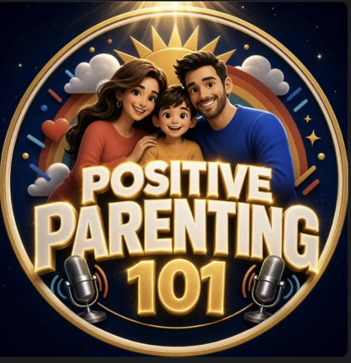Positive Parenting 101 podcast cover featuring a family and podcast microphones